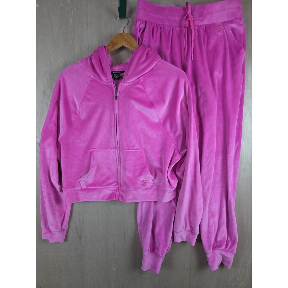 Victoria's Secret On Point Tracksuit Set Med Full Zip Hoodie Joggers Pink Velour